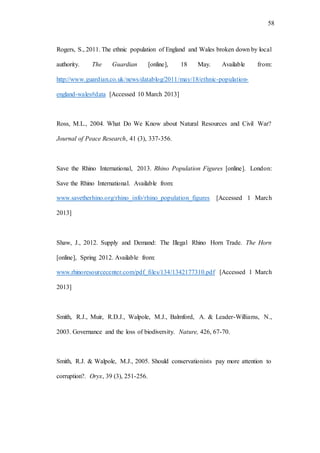 58
Rogers, S., 2011. The ethnic population of England and Wales broken down by local
authority. The Guardian [online], 18 May. Available from:
http://www.guardian.co.uk/news/datablog/2011/may/18/ethnic-population-
england-wales#data [Accessed 10 March 2013]
Ross, M.L., 2004. What Do We Know about Natural Resources and Civil War?
Journal of Peace Research, 41 (3), 337-356.
Save the Rhino International, 2013. Rhino Population Figures [online]. London:
Save the Rhino International. Available from:
www.savetherhino.org/rhino_info/rhino_population_figures [Accessed 1 March
2013]
Shaw, J., 2012. Supply and Demand: The Illegal Rhino Horn Trade. The Horn
[online], Spring 2012. Available from:
www.rhinoresourcecenter.com/pdf_files/134/1342177310.pdf [Accessed 1 March
2013]
Smith, R.J., Muir, R.D.J., Walpole, M.J., Balmford, A. & Leader-Williams, N.,
2003. Governance and the loss of biodiversity. Nature, 426, 67-70.
Smith, R.J. & Walpole, M.J., 2005. Should conservationists pay more attention to
corruption?. Oryx, 39 (3), 251-256.
 