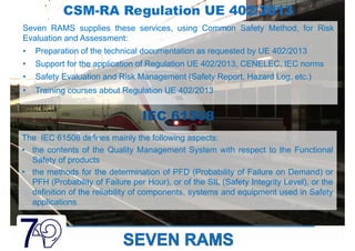 Seven RAMS supplies these services, using Common Safety Method, for Risk
Evaluation and Assessment:
• Preparation of the technical documentation as requested by UE 402/2013
• Support for the application of Regulation UE 402/2013, CENELEC, IEC norms
• Safety Evaluation and Risk Management (Safety Report, Hazard Log, etc.)
• Training courses about Regulation UE 402/2013
CSM-RA Regulation UE 402/2013
IEC 61508
The IEC 61508 defines mainly the following aspects:
• the contents of the Quality Management System with respect to the Functional
Safety of products
• the methods for the determination of PFD (Probability of Failure on Demand) or
PFH (Probability of Failure per Hour), or of the SIL (Safety Integrity Level), or the
definition of the reliability of components, systems and equipment used in Safety
applications
 