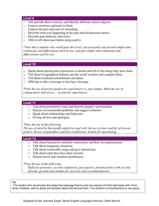 Designed by Ms. Aamena Zayed, Senior English Language Instructor, Dokki Branch,
Level 9
o Ask and talk about routines, and Identify different school subjects.
o Express emotions and react to them.
o Express the pros and cons of something.
o Describe what was happening in the past and tell personal stories.
o Describe past fashions, and styles.
o Able to tell about past habits using used to
*Note that a student who would pass this level, can accurately use present simple and
continuous and differentiate each by use, and past simple and continuous and
differentiate each by use.
Level 10
o Speak about special past experiences in details and tell of fun things they have done.
o Tell about Geographical features and the world wonders and compare them.
o Tell about weekend commitments and plans.
o Offering to take a message or leaving a message.
*Note the use of present perfect for experiences vs. past simple, Mark the use of
comparatives and not as … as and the superlatives.
Level 11
o Talk about personality traits and describe people’s personalities.
o Discuss environmental problems and suggest solutions.
o Speak about relationships and behaviors.
o Giving advices and apologies.
*Note the use of the following,
The use of adverbs that modify adjectives and verb, the use of since and for of present
perfect, the use of quantifiers and first conditional, modals for speculating.
Level 12
o Talk about themselves and their experiences and their accomplishments.
o Talk about imaginary situations.
o Talk about memorable songs and give instructions.
o Talk about what they have done recently.
o Discuss travel and vacations preferences.
*Note the use of the following,
Reflexive pronouns, second conditional, past passive, present perfect with yet and
already, gerunds and modals for necessity and recommendations.
AB;
The student who would pass this stage has language fluency and can express him/her-self easily with minor
tense mistakes, able to grasp and develop ideas and discuss them. The student’s comprehension is very good.
 