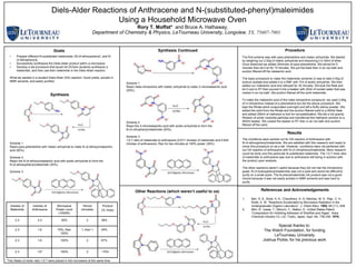 Diels-Alder Reactions of Anthracene and N-(substituted-phenyl)maleimides
Using a Household Microwave Oven
Rory T. Moffat* and Bruce A. Hathaway,
Department of Chemistry & Physics, LeTourneau University, Longview, TX, 75607-7001
mmoles of
Maleimide
mmoles of
Anthracene
Microwave
Power Level
(1000W)
Period
(minutes)
Product
(% Yield)
2.3 2.3 50% 2 38%
2.3 1.6 70%, then
100%
1, then 1 45%
2.3 1.6 100% 2 67%
2.3 1.6* 100% 2 ~75%
*Two flasks of molar ratio 1:0.7 were placed in the microwave at the same time.
Goals
Scheme 1
React para-phenetidine with maleic anhydride to make N-(4-ethoxy)maleanilic
acid (92%).
Scheme 2
React the N-(4-ethoxy)maleanilic acid with acetic anhydride to form the
N-(4-ethoxyphenyl)maleimide (35%).
Scheme 3
• Prepare different N-substituted maleimides: [N-(4-ethoxyphenyl), and N-
(3-Nitrophenyl)].
• Successfully synthesize the Diels-Alder product within a microwave.
• Develop a lab procedure that would let OChem students synthesize a
maleimide, and then use their maleimide in the Diels-Alder reaction.
What we wanted in a student Diels-Alder (DA) reaction: Good yields, soluble in
NMR solvents, and easily purified.
Synthesis
Synthesis Continued
The conditions were worked out for DA reaction of Anthracene with
N-(4-ethoxyphenyl)maleimide. We are satisfied with this research and ready to
move this procedure on as a lab. However, conditions were not perfected with
our DA reaction of anthracene with N-(3-nitrophenyl)maleimide. More research
could be done one this particular N-substituted maleimide. The 1:0.7 mole ratio
of maleimide to anthracene was due to anthracene still being in solution with
the product upon analysis.
The other reactions weren’t useful because they did not met the introductory
goals. N-(3-butoxyphenyl)maleimide was not a solid and would be difficult to
purify on a small scale. The N-phenylmaleimide DA product was not a good
choice because it was not easily soluble in NMR solvents and was hard to
purify.
Results
Other Reactions (which weren’t useful to us)
Scheme 1
React meta-nitroaniline with maleic anhydride to make 3-nitromaleanilic acid
(55%).
Scheme 2
React the 3-nitromaleanillic acid with acetic anhydride to form the
N-(3-nitrophenyl)maleimide (55%).
Scheme 3
1:0.7 ratio of maleimide to anthracene (0.917 mmoles of maleimide and 0.642
mmoles of anthracene). Ran for two minutes at 100% power (30%).
Procedure
References and Acknowledgements
1. Bari, S. S.; Bose, A. K.; Chaudhary, A. G; Manhas. M. S.; Raju, V. A.;
Robb, E. W. “Reactions Accelerated by Microwave Radiation in the
Undergraduate Organic Laboratory”. J. Chem Educ. 1992, 69 (11), 938
2. Mori, K.; Izawa, T.; Mizuno, Y.; Matsui, S.; United States Patent,
“Composition for Inhibiting Adhesion of Shellfish and Algae”. Ihara
Chemical Industry Co. Ltd. Toyko, Japan. Appl. No. 736,339. 1976.
Special thanks to:
The Welch Foundation, for funding
LeTourneau University
Joshua Pickle, for his previous work
The first scheme was with para-phenetidine and maleic anhydride. We started
by weighing out 2.00g of maleic anhydride and dissolving it in 50ml of ether.
Once dissolved we added 20mmols of para-phenetidine. We stirred for 5
minutes then let it sit for 15 minutes. We put the flask then in an ice bath and
suction filtered off the maleanilic acid.
The basic procedure to make the maleimide (scheme 2) was to take 0.50g of
sodium acetate and added it to a RBF with 7ml of acetic anhydride. We then
added our maleanilic acid and refluxed for 35 minutes. We took the flask and
let it cool to RT then poured it into a beaker with 20ml of cooled water that was
cooled in an ice bath. We suction filtered off the solid maleimide.
To make the maleanilic acid of the meta-nitroaniline compound, we used 2.85g
of m-nitroaniline instead of p-phenetidine but did the above procedure. We
kept the filtrate which evaporated overnight and left a fluffy yellow powder. We
added the solid from the filtrate and the suction filtered solid to a 500ml flask
and added 250ml of methanol to boil for recrystallization. We did a hot gravity
filtration of some insoluble particles and transferred the methanol solution to a
400ml beaker. We cooled the beaker to RT then in an ice bath and suction
filtered off the solid.
 