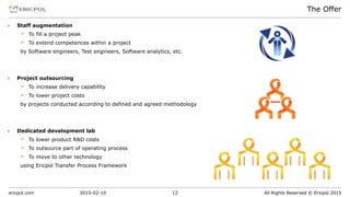 ericpol.com All Rights Reserved © Ericpol 2015
The Offer
2015-02-10 12
▪ Staff augmentation
➢ To fill a project peak
➢ To extend competences within a project
by Software engineers, Test engineers, Software analytics, etc.
▪ Project outsourcing
➢ To increase delivery capability
➢ To lower project costs
by projects conducted according to defined and agreed methodology
▪ Dedicated development lab
➢ To lower product R&D costs
➢ To outsource part of operating process
➢ To move to other technology
using Ericpol Transfer Process Framework
 
