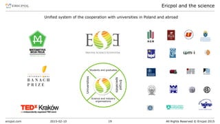 ericpol.com All Rights Reserved © Ericpol 2015
Ericpol and the science
2015-02-10 19
Universities
Science and industry
organisations
Students and graduates
Ericpol 
specialists
Unified system of the cooperation with universities in Poland and abroad
 