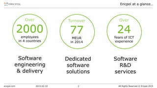 ericpol.com All Rights Reserved © Ericpol 2015
Ericpol at a glance…
2015-02-10 2
Over
2000
employees
in 4 countries
Turnover
77
MEUR
in 2014
Over
24
Years of ICT
experience
Software
engineering
& delivery
Software
R&D
services
Dedicated
software
solutions
 