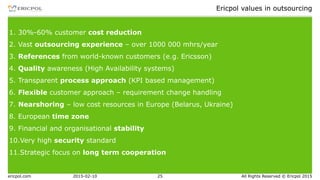ericpol.com All Rights Reserved © Ericpol 2015
Ericpol values in outsourcing
2015-02-10 25
1. 30%-60% customer cost reduction
2. Vast outsourcing experience – over 1000 000 mhrs/year
3. References from world-known customers (e.g. Ericsson)
4. Quality awareness (High Availability systems)
5. Transparent process approach (KPI based management)
6. Flexible customer approach – requirement change handling
7. Nearshoring – low cost resources in Europe (Belarus, Ukraine)
8. European time zone
9. Financial and organisational stability
10.Very high security standard
11.Strategic focus on long term cooperation
 