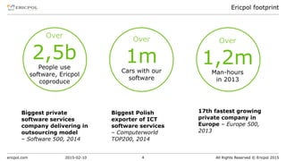 ericpol.com All Rights Reserved © Ericpol 2015
Ericpol footprint
2015-02-10 4
Over
1,2m
Man-hours
in 2013
Over
2,5b
People use
software, Ericpol
coproduce
Over
1m
Cars with our
software
Biggest Polish
exporter of ICT
software services
– Computerworld
TOP200, 2014
Biggest private
software services
company delivering in
outsourcing model
– Software 500, 2014
17th fastest growing
private company in
Europe – Europe 500,
2013
 