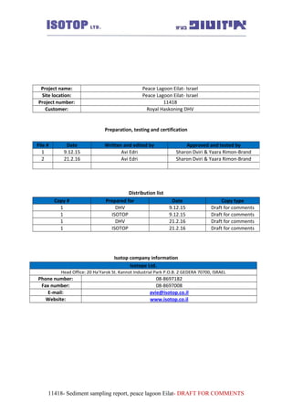 Preparation, testing and certification
Distribution list
Copy typeDatePrepared forCopy #
Draft for comments9.12.15DHV1
Draft for comments9.12.15ISOTOP1
Draft for comments21.2.16DHV1
Draft for comments21.2.16ISOTOP1
Isotop company information
Isotope Ltd.
Head Office: 20 Ha'Yarok St. Kannot Industrial Park P.O.B. 2 GEDERA 70700, ISRAEL
08-8697182Phone number:
08-8697008Fax number:
avie@isotop.co.ilE-mail:
www.isotop.co.ilWebsite:
11418- Sediment sampling report, peace lagoon Eilat- DRAFT FOR COMMENTS
Peace Lagoon Eilat- IsraelProject name:
Peace Lagoon Eilat- IsraelSite location:
11418Project number:
Royal Haskoning DHVCustomer:
Approved and tested byWritten and edited byDateFile #
Sharon Dviri & Yaara Rimon-BrandAvi Edri9.12.151
Sharon Dviri & Yaara Rimon-BrandAvi Edri21.2.162
 