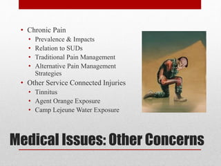 Medical Issues: Other Concerns
• Chronic Pain
• Prevalence & Impacts
• Relation to SUDs
• Traditional Pain Management
• Alternative Pain Management
Strategies
• Other Service Connected Injuries
• Tinnitus
• Agent Orange Exposure
• Camp Lejeune Water Exposure
 