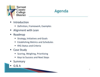 2
Agenda
 Introduction
 Definition, Framework, Examples
 Alignment with Lean
 Roadmap
 Strategy, Initiatives and Goals
 Establishing Metrics and Schedules
 RYG Status and Criteria
 Case Study
 Scoring, Weighing, Prioritizing
 Keys to Success and Next Steps
 Summary
 Q & A
 