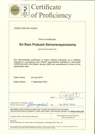Renewed CSWIP Certificate