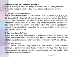3. Tipe Data Formula
Adalah tipe data yang terdiri dari rumus-rumus, seperti perkalian,
pembagian, penjumlahan serta fungsi matematika lainnya. Tipe data ini ini
merupakan tipe data yang terpenting dalam Microsoft Excel, karena akan selalu
digunakan dalam pengolahan data.
2. Tipe Data Numerik/Angka
Adalah data yang terdiri dari angka (0 – 9), waktu dan tanggal yang dapat diproses
secara matematika. Penulisan data dengan tipe ini tidak boleh didahului oleh
label prefiks. Data numerik ini akan ditampilkan rata kanan oleh Microsoft Excel.
1. Tipe Data Alpha Numerik/Teks
Adalah tipe data berupa teks seperti huruf (A – Z, a – z), simbol (*, ^, $, %, #, @,
dll) dan angka (0 – 9) yang tidak akan diproses secara matematika. Data dengan
tipe ini, dalam Microsoft Excel akan dibuat rata kiri dan selalu didahului oleh
label prefiks berupa tanda kutip satu (‘) yang diberikannya secara otomatis. Jika
data yang dimasukkan adalah data angka tetapi kita ingin menganggapnya
sebagai alpha numerik/teks, maka kita harus mengetik label prefiks sebelum
data tersebut, seperti : ‘2001
5. Mengenal Tipe Data Pada Microsoft Excel
Sebelum melangkah lebih jauh dengan Microsoft Excel, ada baiknya terlebih
dahulu kita mengenal tipe-tipe data yang terdapat pada excel itu sendiri.
Riza Adam 12
 