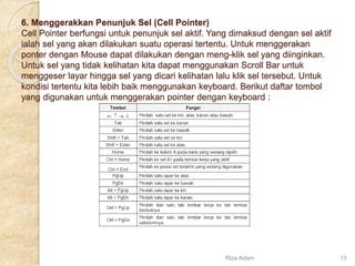 6. Menggerakkan Penunjuk Sel (Cell Pointer)
Cell Pointer berfungsi untuk penunjuk sel aktif. Yang dimaksud dengan sel aktif
ialah sel yang akan dilakukan suatu operasi tertentu. Untuk menggerakan
ponter dengan Mouse dapat dilakukan dengan meng-klik sel yang diinginkan.
Untuk sel yang tidak kelihatan kita dapat menggunakan Scroll Bar untuk
menggeser layar hingga sel yang dicari kelihatan lalu klik sel tersebut. Untuk
kondisi tertentu kita lebih baik menggunakan keyboard. Berikut daftar tombol
yang digunakan untuk menggerakan pointer dengan keyboard :
Riza Adam 13
 