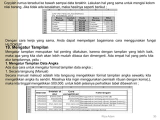 Copylah rumus tersebut ke bawah sampai data terakhir. Lakukan hal yang sama untuk mengisi kolom
nilai barang. Jika tidak ada kesalahan, maka hasilnya seperti berikut ;
Dengan cara kerja yang sama, Anda dapat mempelajari bagaimana cara menggunakan fungsi
HLOOKUP.
19. Mengatur Tampilan
Mengatur tampilan merupakan hal penting dilakukan, karena dengan tampilan yang lebih baik,
maka apa yang kita olah akan lebih mudah dibaca dan dimengerti. Ada empat hal yang perlu kita
atur tampilannya, yaitu ;
1. Mengatur Tampilan Data Angka
Ada dua cara untuk mengatur format tampilan data angka ;
1. Secara langsung (Manual)
Secara manual maksud adalah kita langsung mengetikkan format tampilan angka sewaktu kita
mengetikkan angka itu sendiri. Misalnya kita ingin menggunakan pemisah ribuan dengan koma(,),
maka kita tinggal mengetikkan 500,000. untuk lebih jelasnya perhatikan tabel dibawah ini ;
Riza Adam 30
 
