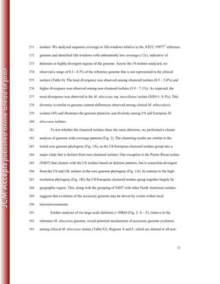 13
isolates. We analyzed sequence coverage in 1kb windows relative to the ATCC 19977T
reference271
genome and identified 1kb windows with substantially low coverage (<2x), indicative of272
deletions or highly divergent regions of the genome. Across the 19 isolates analyzed, we273
observed a range of 0.3 - 8.3% of the reference genome that is not represented in the clinical274
isolates (Table 4). The least divergence was observed among clustered isolates (0.3 – 2.8%) and275
higher divergence was observed among non-clustered isolates (5.9 – 7.1%). As expected, the276
most divergence was observed in the M. abscessus ssp. massiliense isolate (NJH11; 8.3%). This277
diversity is similar to genome content differences observed among clinical M. tuberculosis278
isolates (45) and illustrates the genome plasticity and diversity among US and European M.279
abscessus isolates.280
To test whether the clustered isolates share the same deletions, we performed a cluster281
analysis of genome wide coverage patterns (Fig. 2). The clustering results are similar to the282
initial core genome phylogeny (Fig. 1A), as the US/European clustered isolates group into a283
major clade that is distinct from non-clustered isolates. One exception is the Puerto Rican isolate284
(NJH7) that clusters with the US isolates based on deletion patterns, but is somewhat divergent285
from the US and UK isolates in the core genome phylogeny (Fig. 1A). In contrast to the high-286
resolution phylogeny (Fig. 1B), the US/European clustered isolates group together largely by287
geographic region. This, along with the grouping of NJH7 with other North American isolates,288
suggests that evolution of the accessory genome may be driven by events within local289
microenvironments.290
Further analyses of six large-scale deletions (>30Kb) (Fig. 2, A – F), relative to the291
reference M. abscessus genome, reveal potential mechanisms of accessory genome evolution292
among clinical M. abscessus strains (Table S2). Regions A and F, which are deleted in all non-293
 