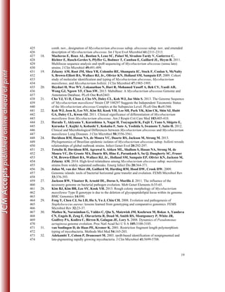 19
comb. nov., designation of Mycobacterium abscessus subsp. abscessus subsp. nov. and emended425
description of Mycobacterium abscessus. Int J Syst Evol Microbiol 61:2311-2313.426
18. Macheras E, Roux AL, Bastian S, Leao SC, Palaci M, Sivadon-Tardy V, Gutierrez C,427
Richter E, Rusch-Gerdes S, Pfyffer G, Bodmer T, Cambau E, Gaillard JL, Heym B. 2011.428
Multilocus sequence analysis and rpoB sequencing of Mycobacterium abscessus (sensu lato)429
strains. J Clin Microbiol 49:491-499.430
19. Zelazny AM, Root JM, Shea YR, Colombo RE, Shamputa IC, Stock F, Conlan S, McNulty431
S, Brown-Elliott BA, Wallace RJ, Jr., Olivier KN, Holland SM, Sampaio EP. 2009. Cohort432
study of molecular identification and typing of Mycobacterium abscessus, Mycobacterium433
massiliense, and Mycobacterium bolletii. J Clin Microbiol 47:1985-1995.434
20. Heydari H, Wee WY, Lokanathan N, Hari R, Mohamed Yusoff A, Beh CY, Yazdi AH,435
Wong GJ, Ngeow YF, Choo SW. 2013. MabsBase: A Mycobacterium abscessus Genome and436
Annotation Database. PLoS One 8:e62443.437
21. Cho YJ, Yi H, Chun J, Cho SN, Daley CL, Koh WJ, Jae Shin S. 2013. The Genome Sequence438
of 'Mycobacterium massiliense' Strain CIP 108297 Suggests the Independent Taxonomic Status439
of the Mycobacterium abscessus Complex at the Subspecies Level. PLoS One 8:e81560.440
22. Koh WJ, Jeon K, Lee NY, Kim BJ, Kook YH, Lee SH, Park YK, Kim CK, Shin SJ, Huitt441
GA, Daley CL, Kwon OJ. 2011. Clinical significance of differentiation of Mycobacterium442
massiliense from Mycobacterium abscessus. Am J Respir Crit Care Med 183:405-410.443
23. Harada T, Akiyama Y, Kurashima A, Nagai H, Tsuyuguchi K, Fujii T, Yano S, Shigeto E,444
Kuraoka T, Kajiki A, Kobashi Y, Kokubu F, Sato A, Yoshida S, Iwamoto T, Saito H. 2012.445
Clinical and Microbiological Differences between Mycobacterium abscessus and Mycobacterium446
massiliense Lung Diseases. J Clin Microbiol 50:3556-3561.447
24. Davidson RM, Hasan NA, de Moura VC, Duarte RS, Jackson M, Strong M. 2013.448
Phylogenomics of Brazilian epidemic isolates of Mycobacterium abscessus subsp. bolletii reveals449
relationships of global outbreak strains. Infect Genet Evol 20:292-297.450
25. Tettelin H, Davidson RM, Agrawal S, Aitken ML, Shallom S, Hasan NA, Strong M, de451
Moura VC, De Groote MA, Duarte RS, Hine E, Parankush S, Su Q, Daugherty SC, Fraser452
CM, Brown-Elliott BA, Wallace RJ, Jr., Holland SM, Sampaio EP, Olivier KN, Jackson M,453
Zelazny AM. 2014. High-level relatedness among Mycobacterium abscessus subsp. massiliense454
strains from widely separated outbreaks. Emerg Infect Dis 20:364-371.455
26. Juhas M, van der Meer JR, Gaillard M, Harding RM, Hood DW, Crook DW. 2009.456
Genomic islands: tools of bacterial horizontal gene transfer and evolution. FEMS Microbiol Rev457
33:376-393.458
27. Jackson RW, Vinatzer B, Arnold DL, Dorus S, Murillo J. 2011. The influence of the459
accessory genome on bacterial pathogen evolution. Mob Genet Elements 1:55-65.460
28. Kim BJ, Kim BR, Lee SY, Kook YH. 2013. Rough colony morphology of Mycobacterium461
massiliense Type II genotype is due to the deletion of glycopeptidolipid locus within its genome.462
BMC Genomics 14:890.463
29. Feng Y, Chen CJ, Su LH, Hu S, Yu J, Chiu CH. 2008. Evolution and pathogenesis of464
Staphylococcus aureus: lessons learned from genotyping and comparative genomics. FEMS465
Microbiol Rev 32:23-37.466
30. Mathee K, Narasimhan G, Valdes C, Qiu X, Matewish JM, Koehrsen M, Rokas A, Yandava467
CN, Engels R, Zeng E, Olavarietta R, Doud M, Smith RS, Montgomery P, White JR,468
Godfrey PA, Kodira C, Birren B, Galagan JE, Lory S. 2008. Dynamics of Pseudomonas469
aeruginosa genome evolution. Proc Natl Acad Sci U S A 105:3100-3105.470
31. van Soolingen D, de Haas PE, Kremer K. 2001. Restriction fragment length polymorphism471
typing of mycobacteria. Methods Mol Med 54:165-203.472
32. Adekambi T, Colson P, Drancourt M. 2003. rpoB-based identification of nonpigmented and473
late-pigmenting rapidly growing mycobacteria. J Clin Microbiol 41:5699-5708.474
 