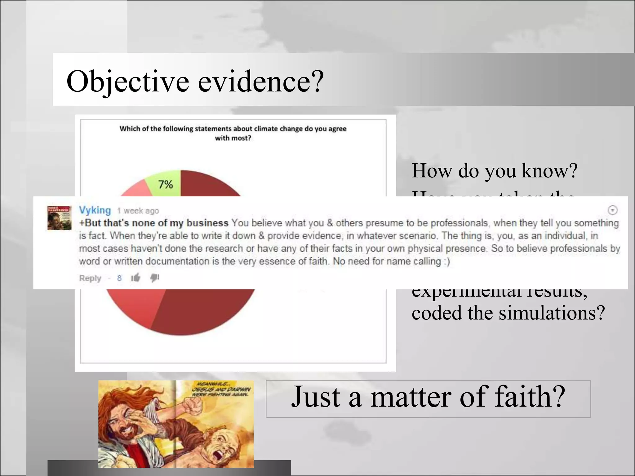 How do you know?
Have you taken the
measurements, analysed
the raw data, compared
theory with the
experimental results,
coded the simulations?
Objective evidence?
Just a matter of faith?
 