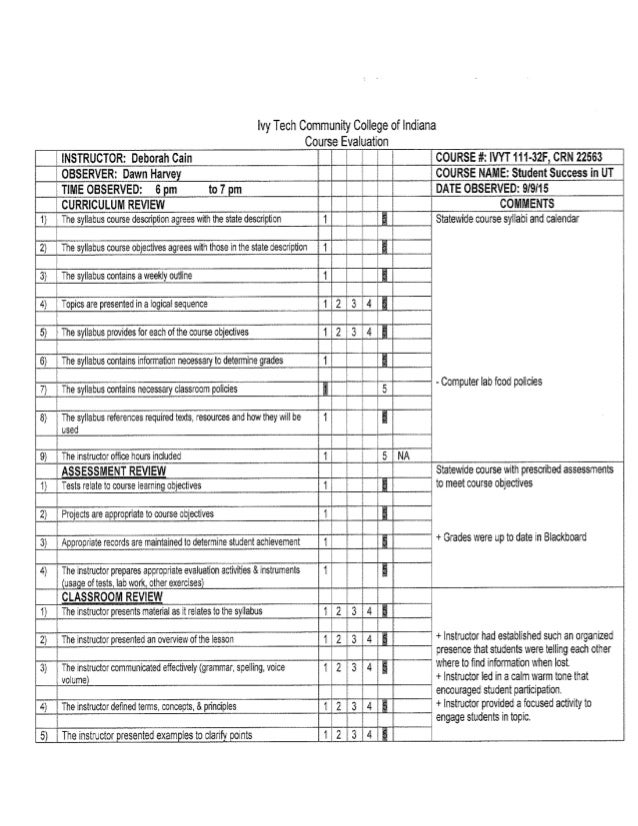 Course Evaluation Ivy Tech Division Chair