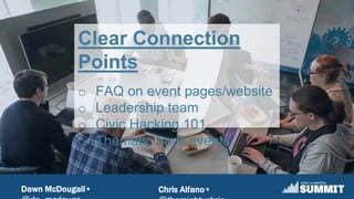 Dawn McDougall• Chris Alfano•
Clear Connection
Points
o FAQ on event pages/website
o Leadership team
o Civic Hacking 101
o Thematic hack events
 