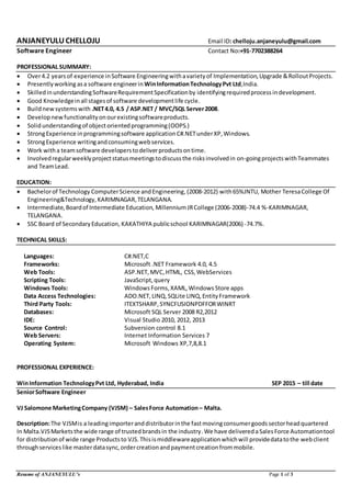 Resume of ANJANEYULU’s Page 1 of 3
ANJANEYULUCHELLOJU Email ID: chelloju.anjaneyulu@gmail.com
Software Engineer Contact No:+91-7702388264
PROFESSIONAL SUMMARY:
 Over4.2 yearsof experience inSoftware Engineeringwithavarietyof Implementation,Upgrade &RolloutProjects.
 Presentlyworking asa software engineerin WinInformationTechnologyPvt Ltd,India.
 SkilledinunderstandingSoftwareRequirementSpecificationby identifyingrequiredprocessindevelopment.
 Good Knowledgeinall stagesof software developmentlife cycle.
 Buildnewsystemswith .NET4.0, 4.5 / ASP.NET / MVC/SQL Server2008.
 Developnewfunctionalityonourexistingsoftwareproducts.
 Solidunderstandingof objectorientedprogramming(OOPS.)
 StrongExperience inprogrammingsoftware applicationC#.NETunderXP,Windows.
 StrongExperience writingandconsumingwebservices.
 Work witha teamsoftware developerstodeliverproductsontime.
 Involvedregularweeklyprojectstatusmeetingstodiscussthe risksinvolvedin on-goingprojectswithTeammates
and TeamLead.
EDUCATION:
 Bachelorof Technology ComputerScience andEngineering,(2008-2012) with65%JNTU, Mother TeresaCollege Of
Engineering&Technology, KARIMNAGAR,TELANGANA.
 Intermediate,Boardof Intermediate Education, MillenniumJRCollege (2006-2008)-74.4 %-KARIMNAGAR,
TELANGANA.
 SSC Board of SecondaryEducation, KAKATHIYA publicschool KARIMNAGAR(2006) -74.7%.
TECHNICAL SKILLS:
Languages: C#.NET,C
Frameworks: Microsoft .NET Framework 4.0, 4.5
Web Tools: ASP.NET,MVC,HTML, CSS,WebServices
Scripting Tools: JavaScript,query
Windows Tools: Windows Forms,XAML,Windows Store apps
Data Access Technologies: ADO.NET,LINQ,SQLite LINQ,EntityFramework
Third Party Tools: ITEXTSHARP,SYNCFUSIONPDFFORWINRT
Databases: Microsoft SQL Server 2008 R2,2012
IDE: Visual Studio 2010, 2012, 2013
Source Control: Subversion control 8.1
Web Servers: Internet Information Services 7
Operating System: Microsoft Windows XP,7,8,8.1
PROFESSIONAL EXPERIENCE:
WinInformation TechnologyPvt Ltd, Hyderabad, India SEP 2015 – till date
SeniorSoftware Engineer
VJ Salomone MarketingCompany (VJSM) – SalesForce Automation– Malta.
Description:The VJSMis a leadingimporteranddistributorinthe fastmovingconsumergoodssectorheadquartered
In Malta.VJSMarketsthe wide range of trustedbrandsin the industry.We have deliveredaSalesForce Automationtool
for distributionof wide range Productsto VJS.Thisismiddlewareapplicationwhichwill providedatatothe webclient
throughserviceslike masterdatasync,ordercreationandpaymentcreationfrommobile.
 