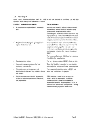 ©Copyright DSDM Consortium 2000- 2003. All rights reserved Page 5
2.3 How they fit
Doing DSDM automatically means there is a close fit with the principles of PRINCE2. The left hand
column is taken directly from the PRINCE2 manual.
PRINCE2 provides projects with: DSDM approach
• A controlled and organised start, middle and
end.
In DSDM, the project is started in the pre-project
and Feasibility phases, whilst the Business Study
allows further work to be done without
committing too much resource and is an extra step
in project set up. The Functional Model and Design
and Build Iterations, together with Implementation
and post-project then provide the middle and end.
• Regular reviews of progress against plan and
against the business case.
These are inherent in the iteration and Timebox
reviews. Definition of business requirements and
acceptance criteria, together with active user
involvement provides constant checks against the
business case, while the plan evolves throughout
DSDM.
The Increment Review in DSDM can be treated as
PRINCE2’s End Stage Review.
• Flexible decision points. The very dynamic nature of DSDM allows for this.
• Automatic management control of any
deviations from the plan.
Control of flexibility is provided by prioritisation
and timeboxing together with clear responsibilities.
• The involvement of management and
stakeholders at the right time and place during
the project.
There are specific decision points in DSDM and
active user involvement throughout.
• Good communication channels between the
project, project management and the rest of
the organisation.
DSDM also has a model of the structure of a
project within an organisation. In addition,
collaboration and co-operation between all
stakeholders is one of the principles of DSDM. In
particular, the Ambassador User provides a strong
link between the project and the business.
 
