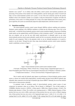 Pipeline to Hydraulic Pressure Position-Control System Performance Research
www.ijres.org 31 | Page
hydraulic servo system[7]
. As in military radar and artillery control systems and machinery production and
processing of the position of the machine tool working platform, and the steering gear control of aircraft and
ships, etc have electro-hydraulic position servo system. As one of the most commonly used has the position
feedback control valve hydraulic cylinder as an example to study the characteristics of pipeline will affect the
performance of the system. Its working principle for as long as the output displacement of the actuator with a
given signal bias, the system can automatically adjust the output displacement, until the deviation is zero[8]
.
3.1 Simulation modeling
The electro-hydraulic position control system through AMESim software modeling and simulation.
Hydraulic system modeling in the AMESim simulation is divided into the following steps: First of all, in the
sketch mode we build the electro-hydraulic position control system simulation diagram, the process of building
model mainly use the standard library and HCD libraries to built in hydraulic system[9]
, if the hydraulic circuit
does not complete, can't go into the next child model mode;Second, in submodel mode we can select
electro-hydraulic position control system submodel, usually the first to use premier submodel can also be set sub
models for each component; Third, in the parameter mode we can set submodel parameters or to specify a
module to run the batch. Through the above three steps electro-hydraulic position control system simulation
model is established, as shown in Figure 1.
Figure 1 Electro-hydraulic position control system simulation model
1 Fuel tank; 2 Fluid pump; 3 Motor; 4 Flood valve; 5 Energy storage; 6 Segmented signal source 1;7
Gain;8 Preamplifier gain;9 Three four-way electromagnetic directional valve;10 Pipeline;11 Hydraulic cylinder；
12 Displacement transducer；13 Force conversion block;14 Segmented signal source 2
Due to mainly study the hydraulic pipe impacts on performance of electro-hydraulic position control
system, so choose can consider fluid compressibility, reynolds number and pipe friction HRL03 hydraulic pipe
submodel, other connected to the fuel tank of hydraulic pipe choose DIRECT submodel, the rest of the elements
in the system to choose premier submodel.
In parameter mode of simulation model of electro-hydraulic position control system of main
components set parameter values are as follows: The oil density is 1040 kg m
3
; The oil bulk modulus is
17000MPa; Absolute viscosity is 0.051Pa · s; Motor speed is 1000 r min; Capacity of pump is 25 ml r; The
hydraulic pipe diameter is 25mm; The overflow valve opening pressure is 15MPa; Inherent frequency of three
position four-way servo-valve is 80Hz, rated current of three position four-way servo-valve is 200mA, damping
ratio of three position four-way servo-valve is 0.8; Segmented signal source 1 within 0~1s is 0, within 1~5s
varying from 0 to 0.8, within 5~7s is 0.8, within 7~10s varying from 0.8 to 0.4 and remain the same;
 