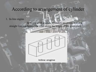 According to arrangement of cylinder
1. In-line engine
In this type of engines, cylinders are positioned in a
straight line one behind the other along the length of the crankshaft.
 