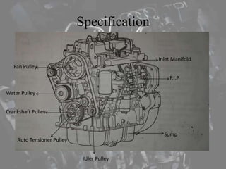 Specification
F.I.P
Sump
Fan Pulley
Water Pulley
Crankshaft Pulley
Idler Pulley
Auto Tensioner Pulley
Inlet Manifold
 