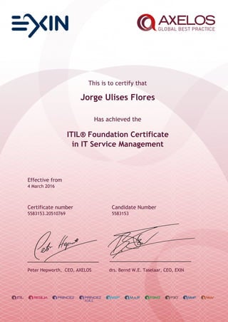 This is to certify that
Jorge Ulises Flores
Has achieved the
ITIL® Foundation Certificate
in IT Service Management
Effective from
4 March 2016
Certificate number Candidate Number
5583153.20510769 5583153
Peter Hepworth, CEO, AXELOS drs. Bernd W.E. Taselaar, CEO, EXIN
 