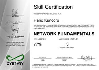 Dean Pompilio
John Martin
John Oyeleke
Kelly Handerhan
CREATED AND BACKED BY
THE CYBRARY
EDUCATIONAL COMMITTEE*
Skill Certification
THIS CERTIFICATE ACKNOWLEDGES THAT
Hario Kuncoro
HAS SUCCESSFULLY COMPLETED THE RIGOROUS REQUIREMENTS AND TESTING SET FORTH
BY CYBRARY AND CYBRARY’S EDUCATION COMMITTEE, ESTABLISHING PROFICIENCY IN THE
FOLLOWING SKILL
NETWORK FUNDAMENTALS
WITH A SCORE OF AND AWARDED A TOTAL OF
77% 3
CPE/CEU Credit Hours
2017-01-24
Date
Passed
SC-5823cf018-62162b
Certification
Number
Ralph P. Sita
CEO
*CYBRARY’S EDUCATIONAL COMMITTEE IS REPRESENTED BY INDUSTRY LEADING IT SECURITY CONSULTANTS AND
TECHNICAL TRAINERS. THEIR SIGNATURE REPRESENTS SUPPORT FOR THIS SKILL CERTIFICATION AND THE PROFICIENCY
IN THE SKILL IT REPRESENTS
 