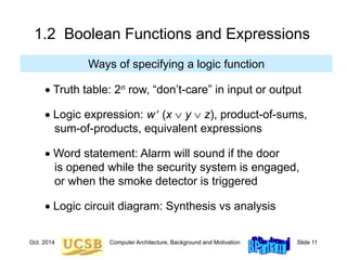 Oct. 2014 Computer Architecture, Background and Motivation Slide 11
1.2 Boolean Functions and Expressions
Ways of specifying a logic function
 Truth table: 2n row, “don’t-care” in input or output
 Logic expression: w (x  y  z), product-of-sums,
sum-of-products, equivalent expressions
 Word statement: Alarm will sound if the door
is opened while the security system is engaged,
or when the smoke detector is triggered
 Logic circuit diagram: Synthesis vs analysis
 