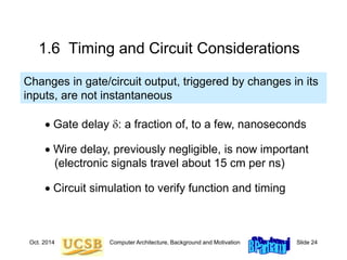 Oct. 2014 Computer Architecture, Background and Motivation Slide 24
1.6 Timing and Circuit Considerations
 Gate delay d: a fraction of, to a few, nanoseconds
 Wire delay, previously negligible, is now important
(electronic signals travel about 15 cm per ns)
 Circuit simulation to verify function and timing
Changes in gate/circuit output, triggered by changes in its
inputs, are not instantaneous
 