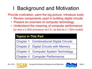 Oct. 2014 Computer Architecture, Background and Motivation Slide 3
I Background and Motivation
Topics in This Part
Chapter 1 Combinational Digital Circuits
Chapter 2 Digital Circuits with Memory
Chapter 3 Computer System Technology
Chapter 4 Computer Performance
Provide motivation, paint the big picture, introduce tools:
• Review components used in building digital circuits
• Present an overview of computer technology
• Understand the meaning of computer performance
(or why a 2 GHz processor isn’t 2 as fast as a 1 GHz model)
 