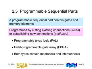 Oct. 2014 Computer Architecture, Background and Motivation Slide 39
2.5 Programmable Sequential Parts
 Programmable array logic (PAL)
 Field-programmable gate array (FPGA)
 Both types contain macrocells and interconnects
A programmable sequential part contain gates and
memory elements
Programmed by cutting existing connections (fuses)
or establishing new connections (antifuses)
 