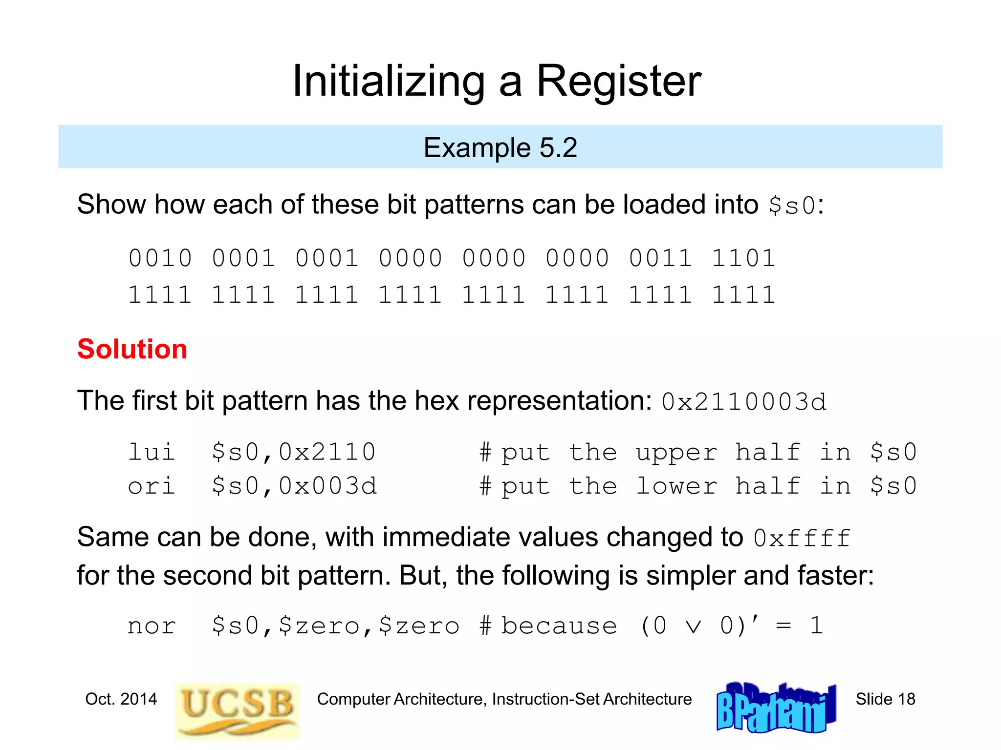 Oct. 2014 Computer Architecture, Instruction-Set Architecture Slide 18
Initializing a Register
Example 5.2
Show how each of these bit patterns can be loaded into $s0:
0010 0001 0001 0000 0000 0000 0011 1101
1111 1111 1111 1111 1111 1111 1111 1111
Solution
The first bit pattern has the hex representation: 0x2110003d
lui $s0,0x2110 # put the upper half in $s0
ori $s0,0x003d # put the lower half in $s0
Same can be done, with immediate values changed to 0xffff
for the second bit pattern. But, the following is simpler and faster:
nor $s0,$zero,$zero # because (0  0) = 1
 