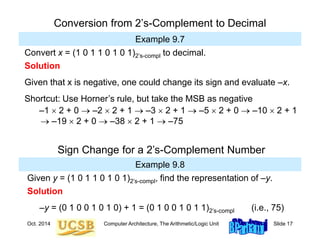 Oct. 2014 Computer Architecture, The Arithmetic/Logic Unit Slide 17
Conversion from 2’s-Complement to Decimal
Example 9.7
Convert x = (1 0 1 1 0 1 0 1)2’s-compl to decimal.
Solution
Given that x is negative, one could change its sign and evaluate –x.
Shortcut: Use Horner’s rule, but take the MSB as negative
–1  2 + 0  –2  2 + 1  –3  2 + 1  –5  2 + 0  –10  2 + 1
 –19  2 + 0  –38  2 + 1  –75
Example 9.8
Sign Change for a 2’s-Complement Number
Given y = (1 0 1 1 0 1 0 1)2’s-compl, find the representation of –y.
Solution
–y = (0 1 0 0 1 0 1 0) + 1 = (0 1 0 0 1 0 1 1)2’s-compl (i.e., 75)
 