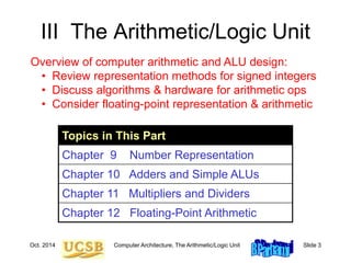 Oct. 2014 Computer Architecture, The Arithmetic/Logic Unit Slide 3
III The Arithmetic/Logic Unit
Topics in This Part
Chapter 9 Number Representation
Chapter 10 Adders and Simple ALUs
Chapter 11 Multipliers and Dividers
Chapter 12 Floating-Point Arithmetic
Overview of computer arithmetic and ALU design:
• Review representation methods for signed integers
• Discuss algorithms & hardware for arithmetic ops
• Consider floating-point representation & arithmetic
 