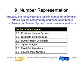 Oct. 2014 Computer Architecture, The Arithmetic/Logic Unit Slide 6
9 Number Representation
Arguably the most important topic in computer arithmetic:
• Affects system compatibility and ease of arithmetic
• Two’s complement, flp, and unconventional methods
Topics in This Chapter
9.1 Positional Number Systems
9.2 Digit Sets and Encodings
9.3 Number-Radix Conversion
9.4 Signed Integers
9.5 Fixed-Point Numbers
9.6 Floating-Point Numbers
 