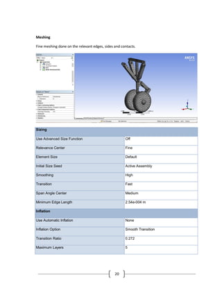 20
Meshing
Fine meshing done on the relevant edges, sides and contacts.
Sizing
Use Advanced Size Function Off
Relevance Center Fine
Element Size Default
Initial Size Seed Active Assembly
Smoothing High
Transition Fast
Span Angle Center Medium
Minimum Edge Length 2.54e-004 m
Inflation
Use Automatic Inflation None
Inflation Option Smooth Transition
Transition Ratio 0.272
Maximum Layers 5
 