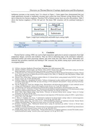 Overview on Thermal Barrier Coatings Application and Development
www.ijres.org 35 | Page
lanthanum zirconate as top ceramic layer. It is shown in Figure 1. Some papers have demonstrated that just
single gadolinium zirconate or lanthanum zirconate layer system has lower thermal cycling lifetime than YSZ
due to relatively low fracture toughness. Therefore YSZ as bottom ceramic layer can solve this problem. Table 2
shows the fracture toughness of YSZ, GZ and LZ. The better TBC structures will be continued studying in
future.
Figure 1 single layer coating (left) and double layer coating (right)
Table 2 fracture toughness of different materials
Material YSZ GZ LZ
Fracture Toughness
(MPa m1/2
)
2 1.02 1.1
V. Conclusion
Thermal barrier coatings (TBC) are used in high temperature application to protect components from high
temperature fatigue, corrosion and oxidation. They are still an interesting topic in the automotive industries,
land-based turbine and metal processing industry and solid oxide fuel cells field in future. Meanwhile new
materials like pyrochlore materials and multilayer TBC structures like double coating layer system need to be
investigated further.
Reference
[1] J.R.Davis, Associates, Handbook of Thermal Spray Technology, USA: ASM international, 2004.
[2] Tabbetha A.Dobbins, Richard knight, and Merriite J.Mayo, HVOF Thermal Spray Deposited Y2O3-ZrO2 coatings for Thermal
Barrier Applications. Journal of Thermal Spray Technology, 214 volume 12 (2), June 2003.
[3] Z. Mutasim and Y. Nava, Development and Performance Evaluation of Thick Air Plasma Sprayed Thermal Barrier Coatings, Thermal
Spray: Surface Engineering via Applied Research (Proceedings of ITSC 2000), C.C. Berndt, Ed., May 2000 (Quebec, Canada), ASM
International, 2000, p1325–1330.
[4] Zhaoyun Chen, Zichao Dong, ”Isothermal oxidation behavior of a thermal barrier coating prepared using EB-PVD,” Surface and
Interface analysis, pp. 377-383, December 2014.
[5] K.Bobzin, N.Bagcivan, T. BrogeImann, B.Yildirim, ”Influence of temperature on phase stability and thermal conductivity of single-
and double-ceramic-layer EB–PVD TBC top coats consisting of 7YSZ, Gd2Zr2O7 and La2Zr2O7,” Surface &Coating Technology,
vol. 237, pp. 56-64, 2013.
[6] Jing Wu, Hongbo Guo, Yuzhi Gao, Shengkai Gong, ”Microstructure and thermo-physical properties of yttria stabilized zirconia
coatings with CMAS deposits,” Journal of the European Ceramic Society, vol. 31, pp. 1881-1888, 2011.
[7] Lech Pawlowski. The Science and Engineering of Thermal Spray Coatings: Second Edition. John Wiley & Sons, Ltd. 2008.
[8] P. Carpio, E. Rayón, L. Pawłowski, A. Cattini, ”Microstructure and indentation mechanical properties of YSZ nanostructured coatings
obtained by suspension plasma spraying,” Surface & Coatings Technology, vol. 220, pp. 237-243, 2013.
[9] Robert Vaßen, Maria Ophelia Jarligo, Tanja Steinke, ”Overview on advanced thermal barrier coatings,” Surface & Coatings
Technology, vol. 205, pp. 938-942, 2010.
[10] Xiaodong He, Bin Meng, Yue Sun. Electron beam physical vapor deposition of YSZ electrolyte coatings for SOFCs. Applied Surface
Science. 254 , 7159–7164, 2008.
[11] C. Mercer, S. Faulhaber, A.G. Evans, ”A delamination mechanism for thermal barrier coatings subject to calcium-magnesium-
alumino-silicate (CMAS) infiltration,” Acta Materialia, vol. 53 (4), pp. 1029-1039, 2005.
[12] Stephan Krämer, James Yang, and Carlos G.Levi, ”Infiltration-Inhibiting Reaction of Gadolinium Zirconate Thermal Barrier
Coatings with CMAS Melts,” The American Ceramic Society, vol. 91(2), pp. 576-583, 2008.
[13] M.Tamura, M.Takashi, J.Ishii, ”Multilayered thermal barrier coating for land-based gas turbine,” Journal of Thermal Spray
Technology, vol. 8(1), 1999.
[14] G.Moskal, L.Swadzba, M.Hetmanczyk, ”Characterization of microstructure and thermal properties of Gd2Zr2O7-type thermal barrier
coating,” Journal of the European Ceramic society, vol. 32, pp. 2025-2034, 2012.
[15] Xinghua Zhong, Huayu zhao, Xiaming Zhou, ”Thermal shock behavior of toughened gadolinium zirconate/YSZ double-ceramic-
layered thermal barrier coating,” Journal of Alloys and Compounds, vol. 593, pp. 50-55, 2014.
 