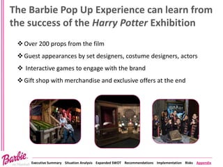 Executive Summary Situation Analysis Expanded SWOT Recommendations Implementation Risks Appendix
The Barbie Pop Up Experience can learn from
the success of the Harry Potter Exhibition
Over 200 props from the film
Guest appearances by set designers, costume designers, actors
 Interactive games to engage with the brand
Gift shop with merchandise and exclusive offers at the end
 