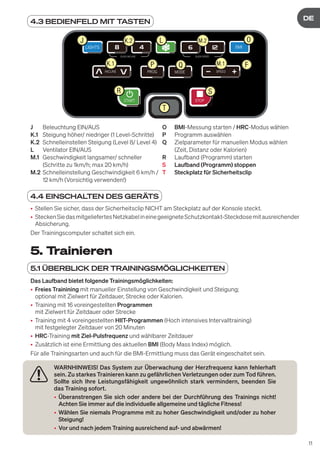 11
DE
DE
4.3 BEDIENFELD MIT TASTEN
LIGHTS BMI
INCLINE SPEED
MODE
PROG
QUICK INCLINE QUICK SPEED
STOP
START
J L O
K.1 P F
Q
T
R
K.2
M.1
M.2
S
J Beleuchtung EIN/AUS
K.1 Steigung höher/ niedriger (1 Level-Schritte)
K.2 Schnelleinstellen Steigung (Level 8/ Level 4)
L Ventilator EIN/AUS
M.1 Geschwindigkeit langsamer/ schneller
(Schritte zu 1km/h; max 20 km/h)
M.2 Schnelleinstellung Geschwindigkeit 6 km/h /
12 km/h (Vorsichtig verwenden!)
O BMI-Messung starten / HRC-Modus wählen
P Programm auswählen
Q Zielparameter für manuellen Modus wählen
(Zeit, Distanz oder Kalorien)
R Laufband (Programm) starten
S Laufband (Programm) stoppen
T Steckplatz für Sicherheitsclip
4.4 EINSCHALTEN DES GERÄTS
• Stellen Sie sicher, dass der Sicherheitsclip NICHT am Steckplatz auf der Konsole steckt.
• SteckenSiedasmitgeliefertesNetzkabelineinegeeigneteSchutzkontakt-Steckdosemitausreichender
Absicherung.
Der Trainingscomputer schaltet sich ein.
5. Trainieren
5.1 ÜBERBLICK DER TRAININGSMÖGLICHKEITEN
Das Laufband bietet folgende Trainingsmöglichkeiten:
• Freies Trainining mit manueller Einstellung von Geschwindigkeit und Steigung;
optional mit Zielwert für Zeitdauer, Strecke oder Kalorien.
• Training mit 16 voreingestellten Programmen
mit Zielwert für Zeitdauer oder Strecke
• Training mit 4 voreingestellten HIIT-Programmen (Hoch intensives Intervalltraining)
mit festgelegter Zeitdauer von 20 Minuten
• HRC-Training mit Ziel-Pulsfrequenz und wählbarer Zeitdauer
• Zusätzlich ist eine Ermittlung des aktuellen BMI (Body Mass Index) möglich.
Für alle Trainingsarten und auch für die BMI-Ermittlung muss das Gerät eingeschaltet sein.
WARNHINWEIS! Das System zur Überwachung der Herzfrequenz kann fehlerhaft
sein. Zu starkes Trainieren kann zu gefährlichen Verletzungen oder zum Tod führen.
Sollte sich Ihre Leistungsfähigkeit ungewöhnlich stark vermindern, beenden Sie
das Training sofort.
• Überanstrengen Sie sich oder andere bei der Durchführung des Trainings nicht!
Achten Sie immer auf die individuelle allgemeine und tägliche Fitness!
• Wählen Sie niemals Programme mit zu hoher Geschwindigkeit und/oder zu hoher
Steigung!
• Vor und nach jedem Training ausreichend auf- und abwärmen!
 