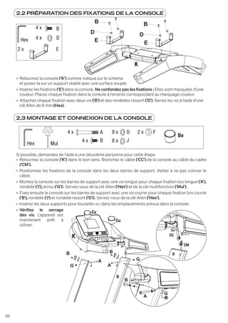 66
2.2 PRÉPARATION DES FIXATIONS DE LA CONSOLE
2.3 MONTAGE ET CONNEXION DE LA CONSOLE
B
D
E
4 x
4 x
2 x
Hex
B
E
D
E
B
D
• Retournez la console ('K') comme indiqué sur le schéma
et posez-la sur un support stable avec une surface souple.
• Insérez les fixations ('E') dans la console. Ne confondez pas les fixations : Elles sont marquées d'une
couleur. Placez chaque fixation dans la console à l'endroit correspondant au marquage couleur.
• Attachez chaque fixation avec deux vis ('B') et des rondelles ressort ('D'). Serrez les vis à l'aide d'une
clé Allen de 6 mm (Hex).
Si possible, demandez de l'aide à une deuxième personne pour cette étape.
• Retournez la console ('K') dans le bon sens. Branchez le câble ('CC') de la console au câble du cadre
('CM').
• Positionnez les fixations de la console dans les deux barres de support. Veillez à ne pas coincer le
câble.
• Montez la console sur les barres de support avec une vis longue pour chaque fixation (vis longue ('A'),
rondelle ('J'), écrou ('G')). Servez-vous de la clé Allen ('Hex') et de la clé multifonction ('Mul').
• Fixez ensuite la console sur les barres de support avec une vis courte pour chaque fixation (vis courte
('B'), rondelle ('J') et rondelle ressort ('D')). Servez-vous de la clé Allen ('Hex').
• Insérez les deux supports pour bouteille ('Bo') dans les emplacements prévus dans la console.
• Vérifiez le serrage
des vis. L'appareil est
maintenant prêt à
utiliser.
4 x
4 x
8 x
8 x
Hex Mul
A
B
D
J
2 x F
Bo
B
D
J
J
J
A
A
G
G
B
D J
G
A
B
Cu
Cu
R
R
CC
CM
K
 