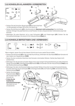 8
2.2 KONSOLEN-KLAMMERN VORBEREITEN
2.3 KONSOLE BEFESTIGEN UND VERBINDEN
B
D
E
4 x
4 x
2 x
Hex
B
E
D
E
B
D
K
• Drehen Sie die Konsolen-Baugruppe (‚K‘) auf den Kopf (wie
im Bild gezeigt) und legen SIe sicher und weich ab.
• Setzen Sie die Klammern (‚E‘) in die Konsole ein. Klammern nicht vertauschen: Sie sind farbig
markiert. Bringen Sie jede Klammer an die Position mit der entsprechenden Farbmarkierung in der
Konsole.
• Befestigen Sie jede Klammer mit je zwei Schrauben (‚B‘) und Federringen (‚D‘). Drehen Sie die
Schraubverbindungen mit einem 6-mm-Inbusschlüssel (Hex) ein.
Wenn möglich, lassen Sie sich bei diesem Schritt durch eine zweite Person helfen.
• Drehen Sie die Konsole (‚K‘) in die normale Ausrichtung. Verbinden Sie das Kabel ('CC') der Konsole mit
dem Kabel vom Hauptrahmen ('CM').
• Setzen Sie die montierten Klammern der Konsole in die beiden Stützen. Hierbei das Kabel nicht
einklemmen.
• Befestigen Sie die Konsole auf jeder Stütze mit je einer langen Schraubverbindung an jeder Klammer
(lange Schraube ('A'), Unterlegscheibe ('J'), Mutter ('G')). Verwenden Sie den Inbusschlüssel ('Hex') und
den Multifunktionsschlüssel ('Mul').
• Befestigen Sie dann die Konsolenhalterung auf jeder Stütze mit je einer kurzen Schraubverbindung
an jeder Klammer (kurze Schraube ('B'), Unterlegscheibe ('J') und Federring ('D')). Verwenden Sie den
Inbusschlüssel ('Hex').
• Setzen Sie die beiden
Flaschenhalter ('Bo') in
die Aussparungen der
Konsole ein.
• Prüfen Sie die
Festheit der
Schraubverbindungen.
Das Gerät ist nun
einsatzbereit.
4 x
4 x
8 x
8 x
Hex Mul
A
B
D
J
2 x F
Bo
B
D
J
J
J
A
A
G
G
B
D J
G
A
B
Cu
Cu
R
R
CC
CM
 