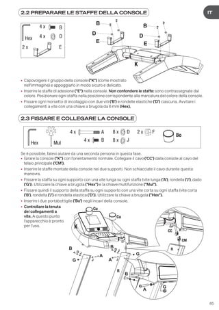 85
DE
IT
2.2 PREPARARE LE STAFFE DELLA CONSOLE
2.3 FISSARE E COLLEGARE LA CONSOLE
B
D
E
4 x
4 x
2 x
Hex
B
E
D
E
B
D
• Capovolgere il gruppo della console ("K") (come mostrato
nell'immagine) e appoggiarlo in modo sicuro e delicato.
• Inserire le staffe di adesione ("E") nella console. Non confondere le staffe: sono contrassegnate dal
colore. Posizionare ogni staffa nella posizione corrispondente alla marcatura del colore della console.
• Fissare ogni morsetto di incollaggio con due viti ('B') e rondelle elastiche ('D') ciascuna. Avvitare i
collegamenti a vite con una chiave a brugola da 6 mm (Hex).
Se è possibile, fatevi aiutare da una seconda persona in questa fase.
• Girare la console ("K") con l'orientamento normale. Collegare il cavo ('CC') dalla console al cavo del
telaio principale ('CM').
• Inserire le staffe montate della console nei due supporti. Non schiacciate il cavo durante questa
manovra.
• Fissare la staffa su ogni supporto con una vite lunga su ogni staffa (vite lunga ('A'), rondella ('J'), dado
('G')). Utilizzare la chiave a brugola ("Hex") e la chiave multifunzione ("Mul").
• Fissare quindi il supporto della staffa su ogni supporto con una vite corta su ogni staffa (vite corta
('B'), rondella ('J') e rondella elastica ('D')). Utilizzare la chiave a brugola ("Hex").
• Inserire i due portabottiglie ('Bo') negli incavi della console.
• Controllare la tenuta
dei collegamenti a
vite. A questo punto
l'apparecchio è pronto
per l'uso.
4 x
4 x
8 x
8 x
Hex Mul
A
B
D
J
2 x F
Bo
B
D
J
J
J
A
A
G
G
B
D J
G
A
B
Cu
Cu
R
R
CC
CM
K
 