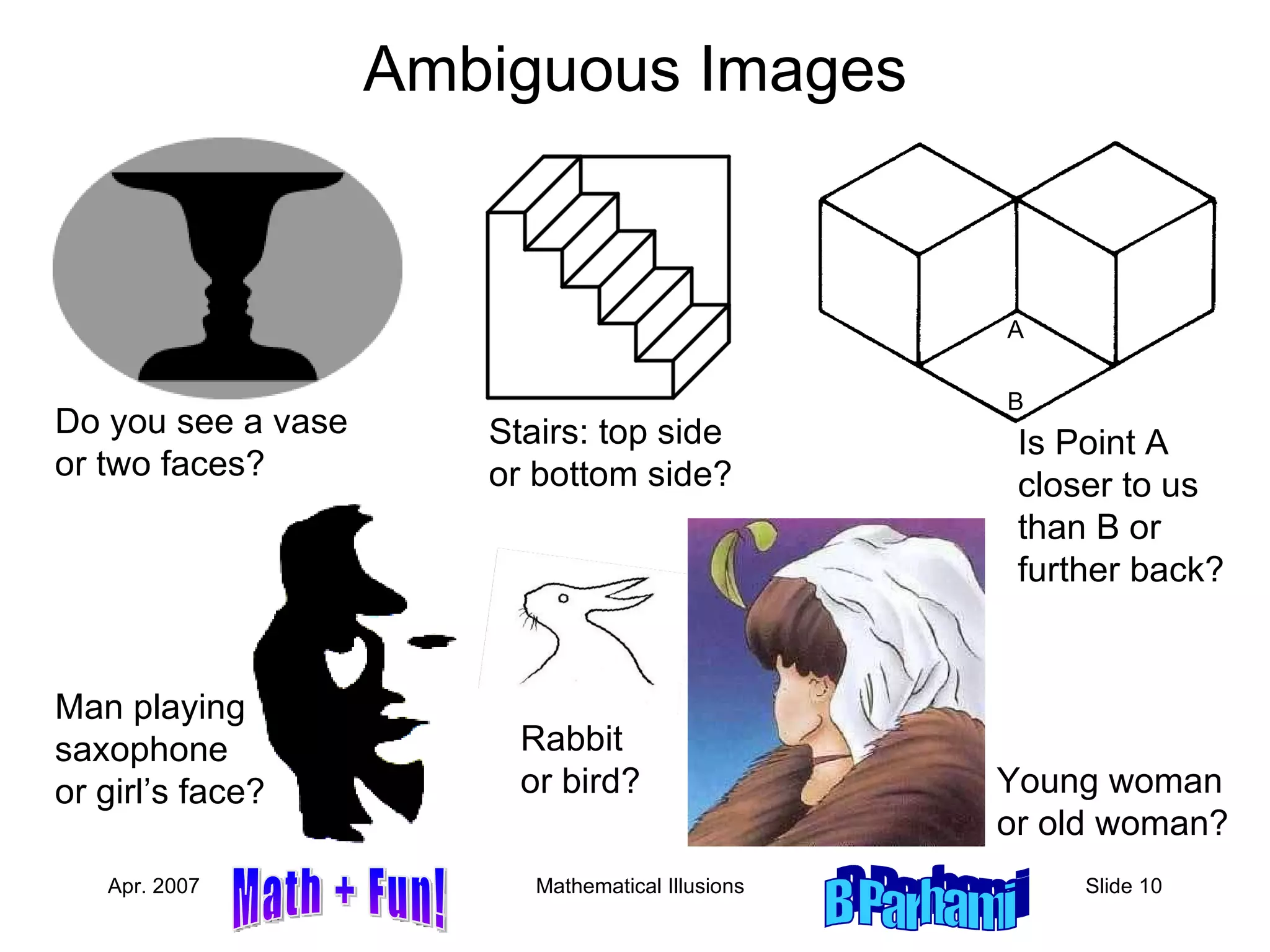 Ambiguous Images Do you see a vase or two faces? A B Is Point A closer to us than B or further back? Man playing saxophone  or girl’s face? Stairs: top side or bottom side? Rabbit or bird? Young woman or old woman? 
