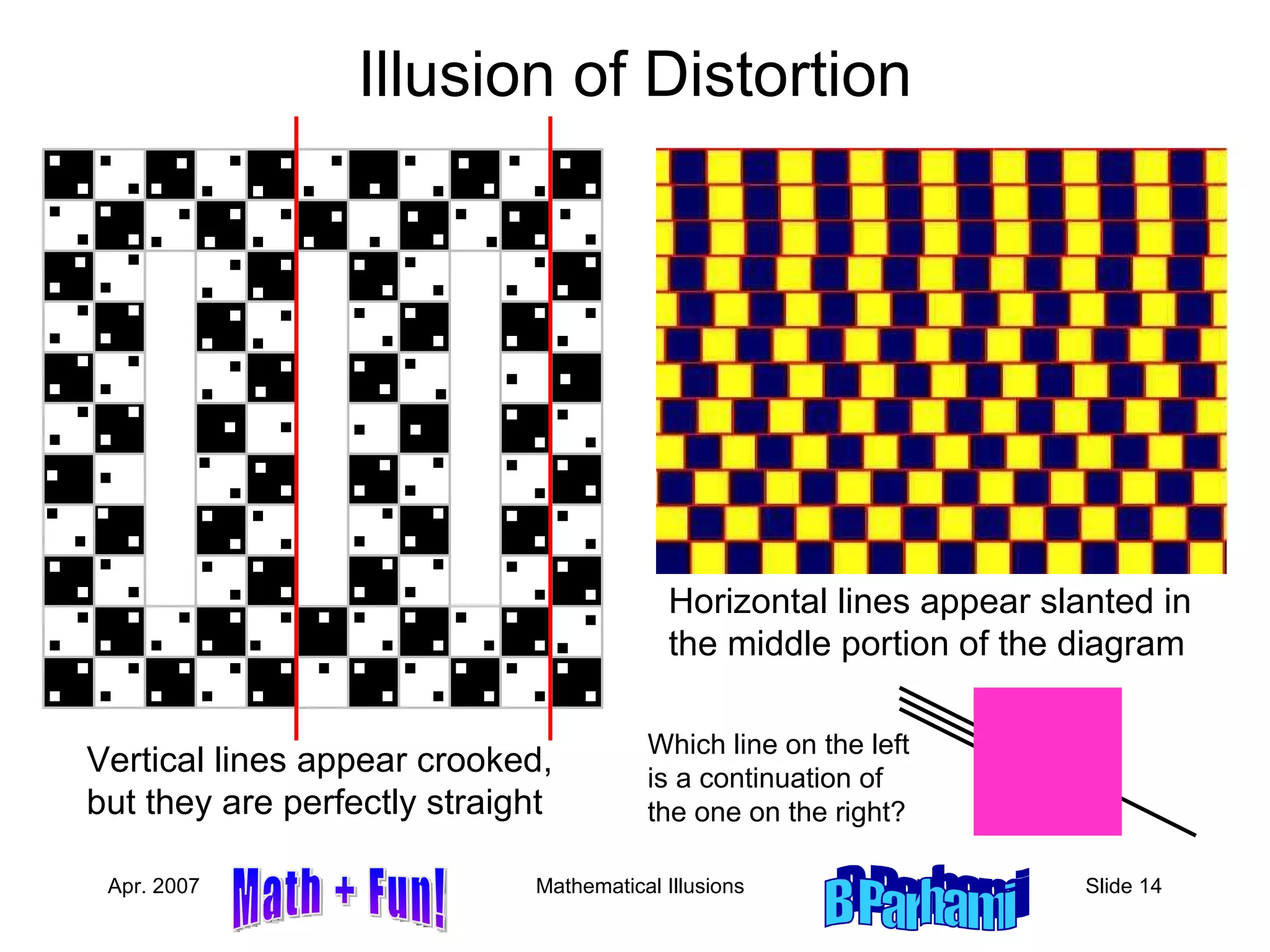 Illusion of Distortion Horizontal lines appear slanted in the middle portion of the diagram Vertical lines appear crooked, but they are perfectly straight Which line on the left is a continuation of the one on the right? 