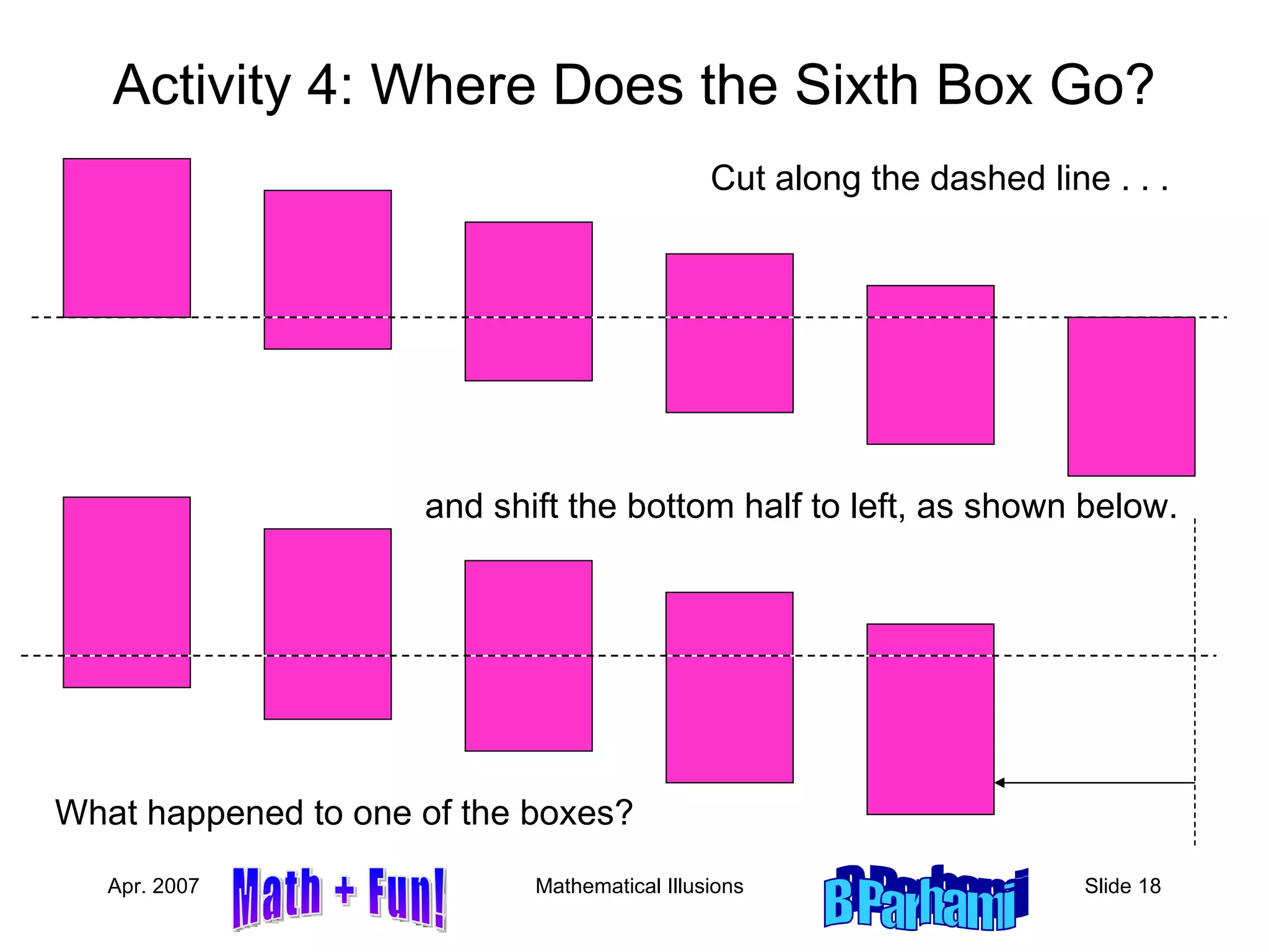 Activity 4: Where Does the Sixth Box Go? Cut along the dashed line . . . and shift the bottom half to left, as shown below. What happened to one of the boxes? 