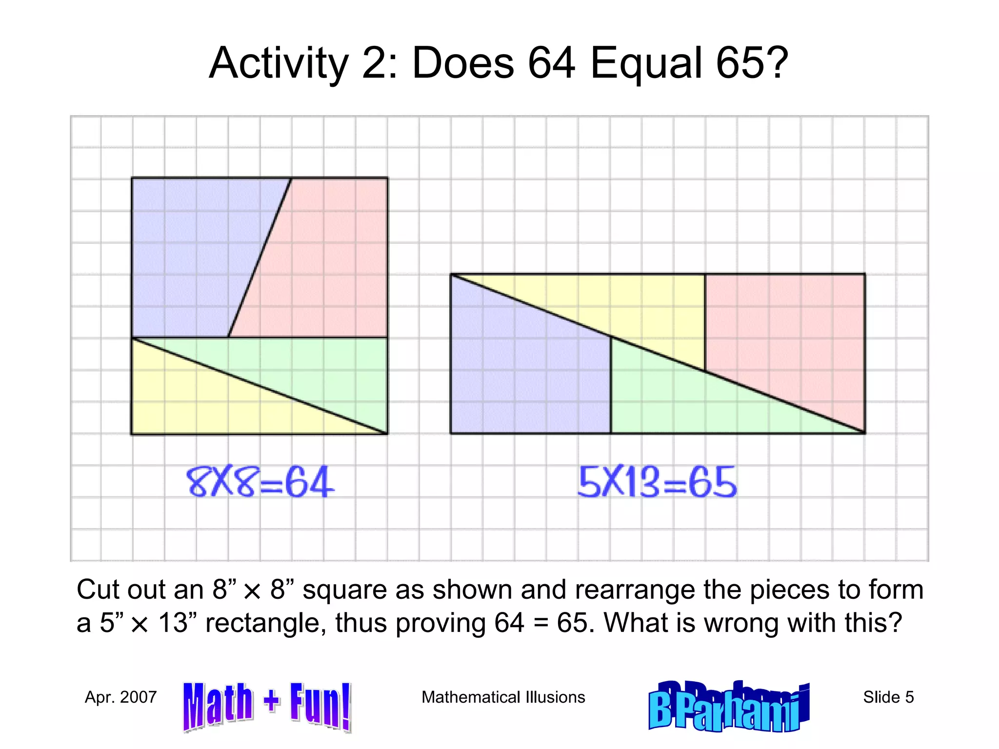 Activity 2: Does 64 Equal 65? Cut out an 8”    8” square as shown and rearrange the pieces to form a 5”    13” rectangle, thus proving 64 = 65. What is wrong with this? 