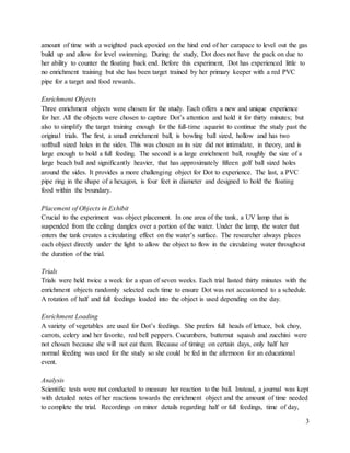 3
amount of time with a weighted pack epoxied on the hind end of her carapace to level out the gas
build up and allow for level swimming. During the study, Dot does not have the pack on due to
her ability to counter the floating back end. Before this experiment, Dot has experienced little to
no enrichment training but she has been target trained by her primary keeper with a red PVC
pipe for a target and food rewards.
Enrichment Objects
Three enrichment objects were chosen for the study. Each offers a new and unique experience
for her. All the objects were chosen to capture Dot’s attention and hold it for thirty minutes; but
also to simplify the target training enough for the full-time aquarist to continue the study past the
original trials. The first, a small enrichment ball, is bowling ball sized, hollow and has two
softball sized holes in the sides. This was chosen as its size did not intimidate, in theory, and is
large enough to hold a full feeding. The second is a large enrichment ball, roughly the size of a
large beach ball and significantly heavier, that has approximately fifteen golf ball sized holes
around the sides. It provides a more challenging object for Dot to experience. The last, a PVC
pipe ring in the shape of a hexagon, is four feet in diameter and designed to hold the floating
food within the boundary.
Placement of Objects in Exhibit
Crucial to the experiment was object placement. In one area of the tank, a UV lamp that is
suspended from the ceiling dangles over a portion of the water. Under the lamp, the water that
enters the tank creates a circulating effect on the water’s surface. The researcher always places
each object directly under the light to allow the object to flow in the circulating water throughout
the duration of the trial.
Trials
Trials were held twice a week for a span of seven weeks. Each trial lasted thirty minutes with the
enrichment objects randomly selected each time to ensure Dot was not accustomed to a schedule.
A rotation of half and full feedings loaded into the object is used depending on the day.
Enrichment Loading
A variety of vegetables are used for Dot’s feedings. She prefers full heads of lettuce, bok choy,
carrots, celery and her favorite, red bell peppers. Cucumbers, butternut squash and zucchini were
not chosen because she will not eat them. Because of timing on certain days, only half her
normal feeding was used for the study so she could be fed in the afternoon for an educational
event.
Analysis
Scientific tests were not conducted to measure her reaction to the ball. Instead, a journal was kept
with detailed notes of her reactions towards the enrichment object and the amount of time needed
to complete the trial. Recordings on minor details regarding half or full feedings, time of day,
 