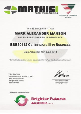 Certificate 3 Business-2014