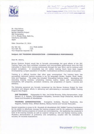 RASGAS _JGC TRAINING Letter- COMMENDABLE PERFORMANCE_27dec2014